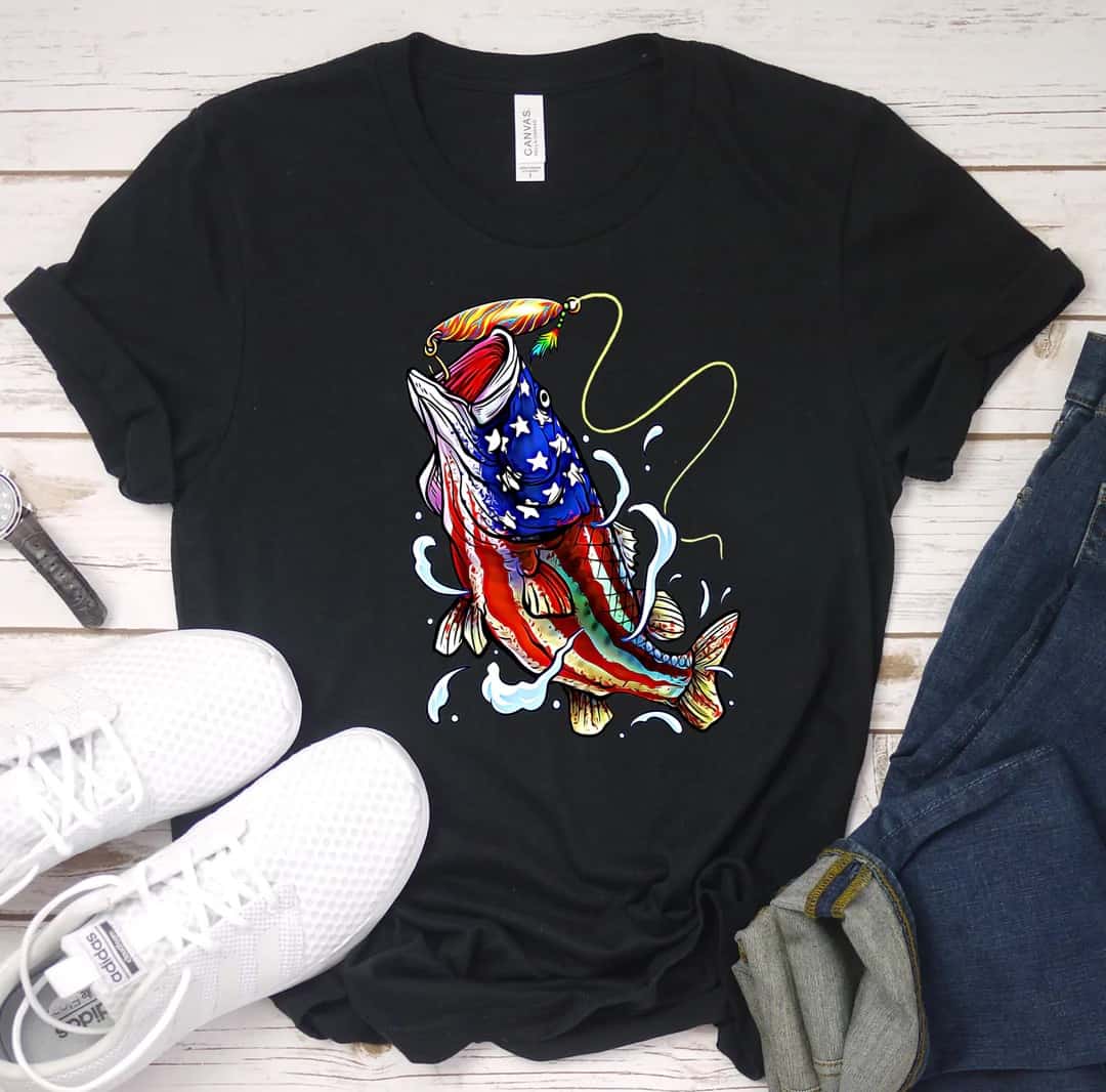 American Flag Fish Screen Transfer T-Shirt