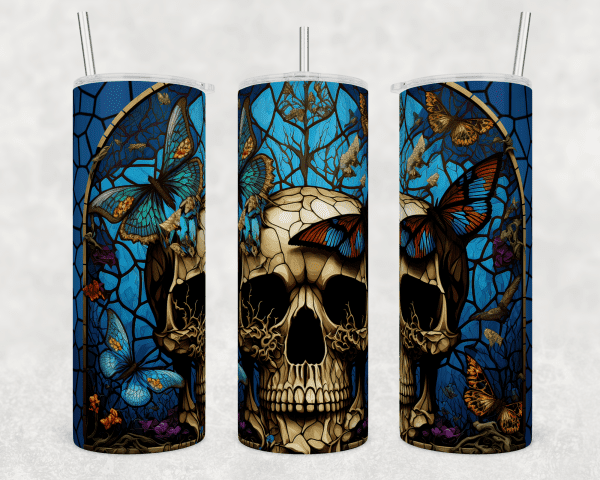 Stained Glass Skull and Butterflies