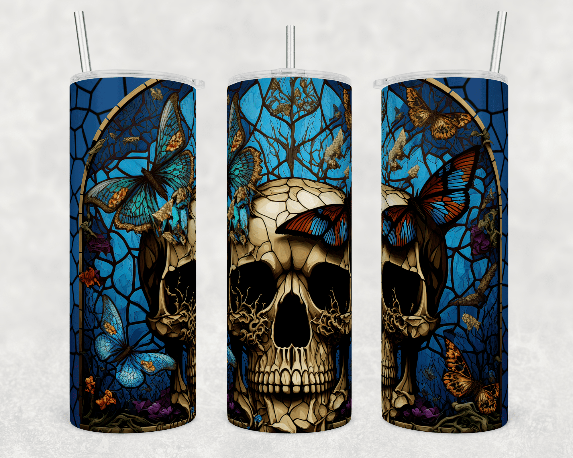 Stained Glass Skull and Butterflies