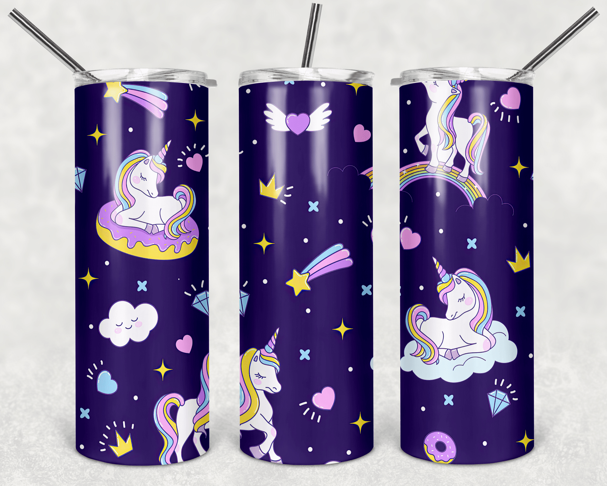 Purple Unicorns on Clouds W/Donuts