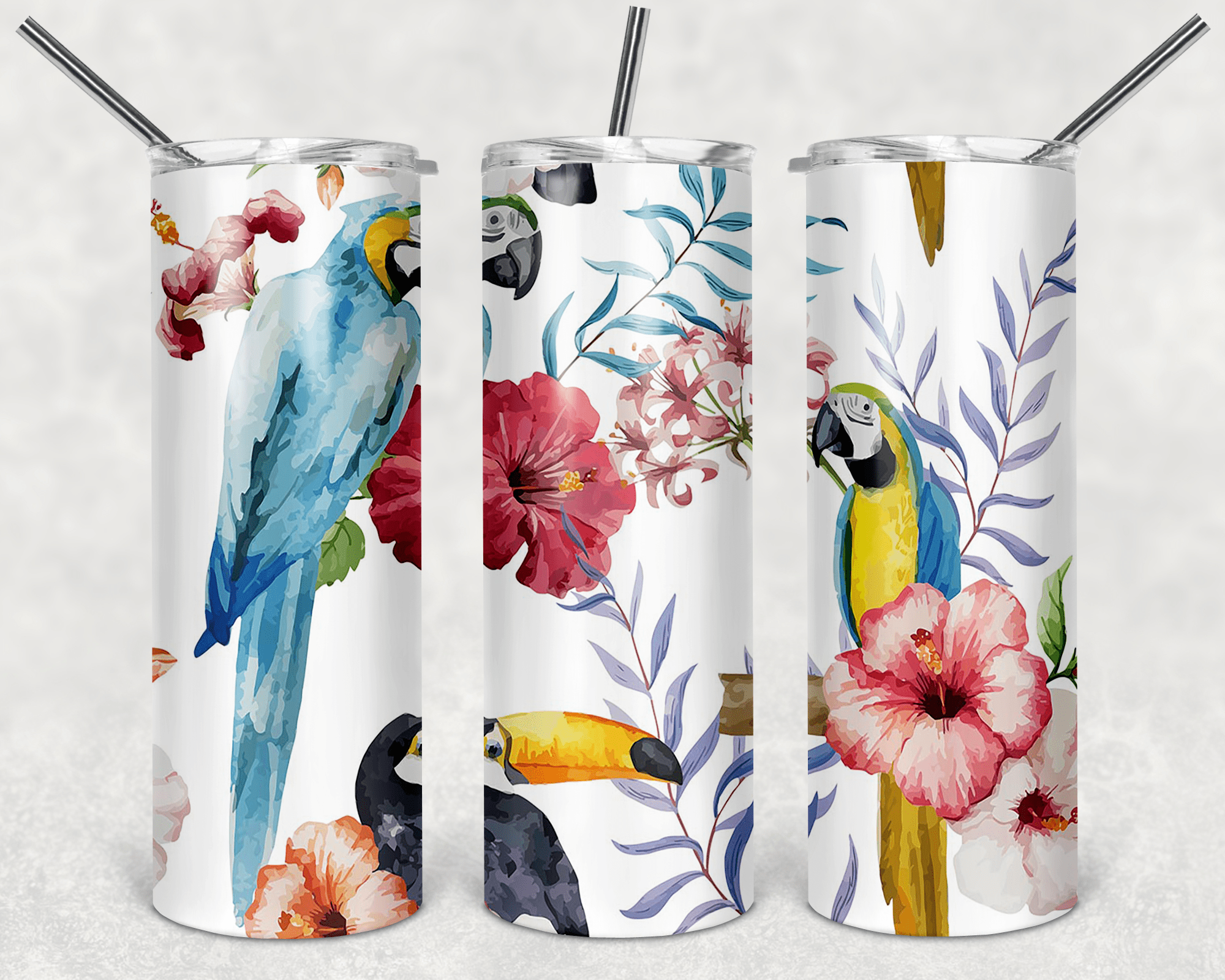 Parrots Toucan and Flowers