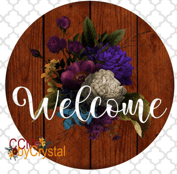 Welcome Faux Wood and Flowers Door Hanger 12"