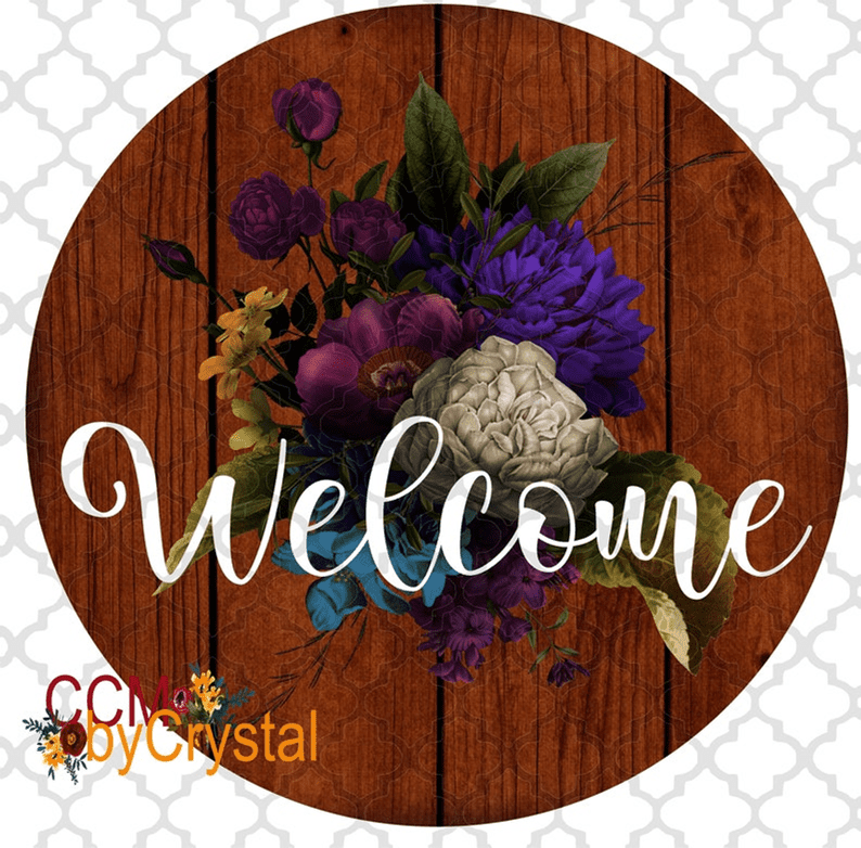 Welcome Faux Wood and Flowers Door Hanger 12"