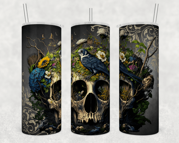 Floral Skull with Bird