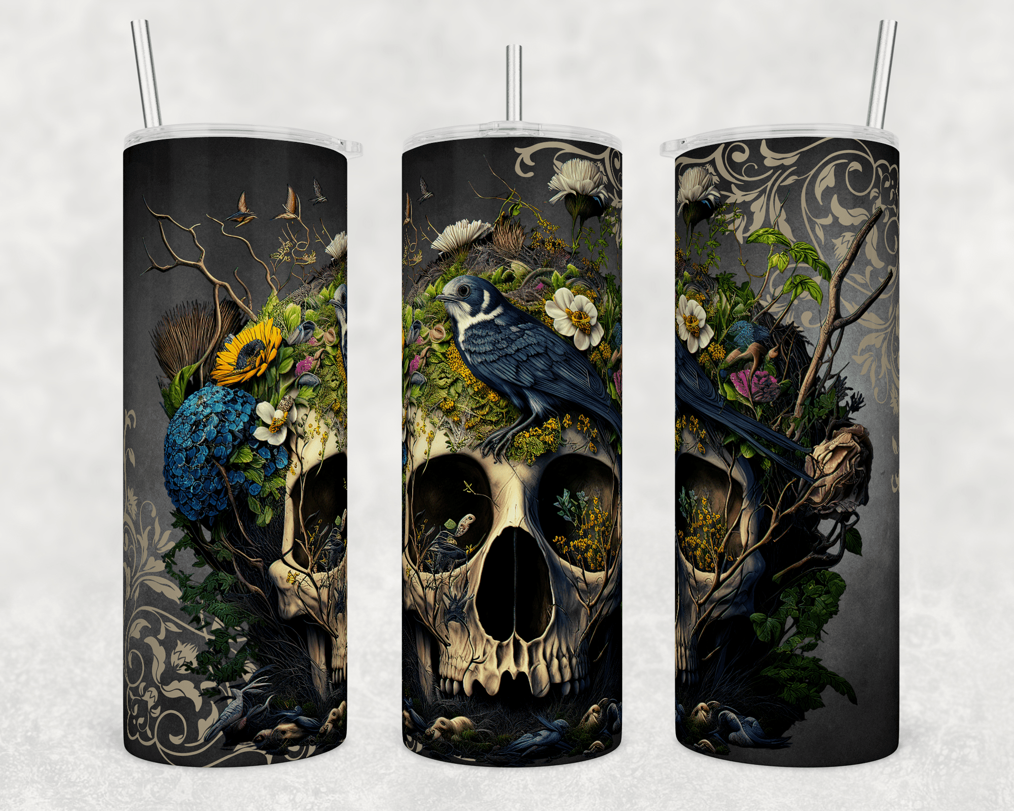 Floral Skull with Bird