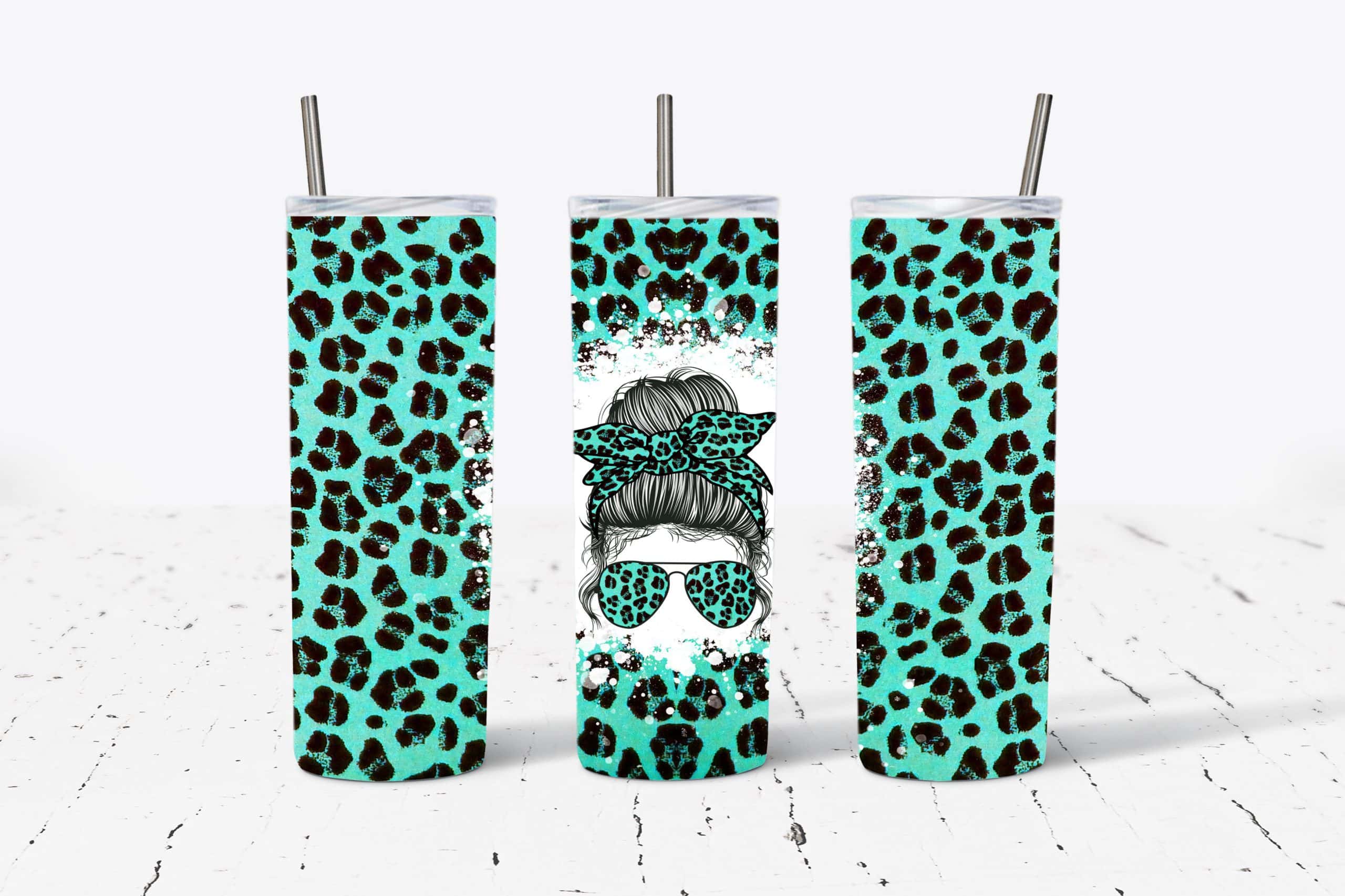 Teal Leopard Print Lady with Bun and Sunglasses
