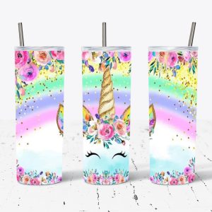 Unicorn Face with Rainbow Glitter and Flowers