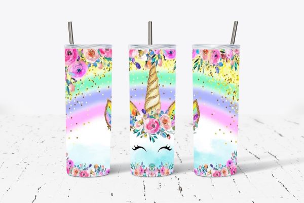 Unicorn Face with Rainbow Glitter and Flowers