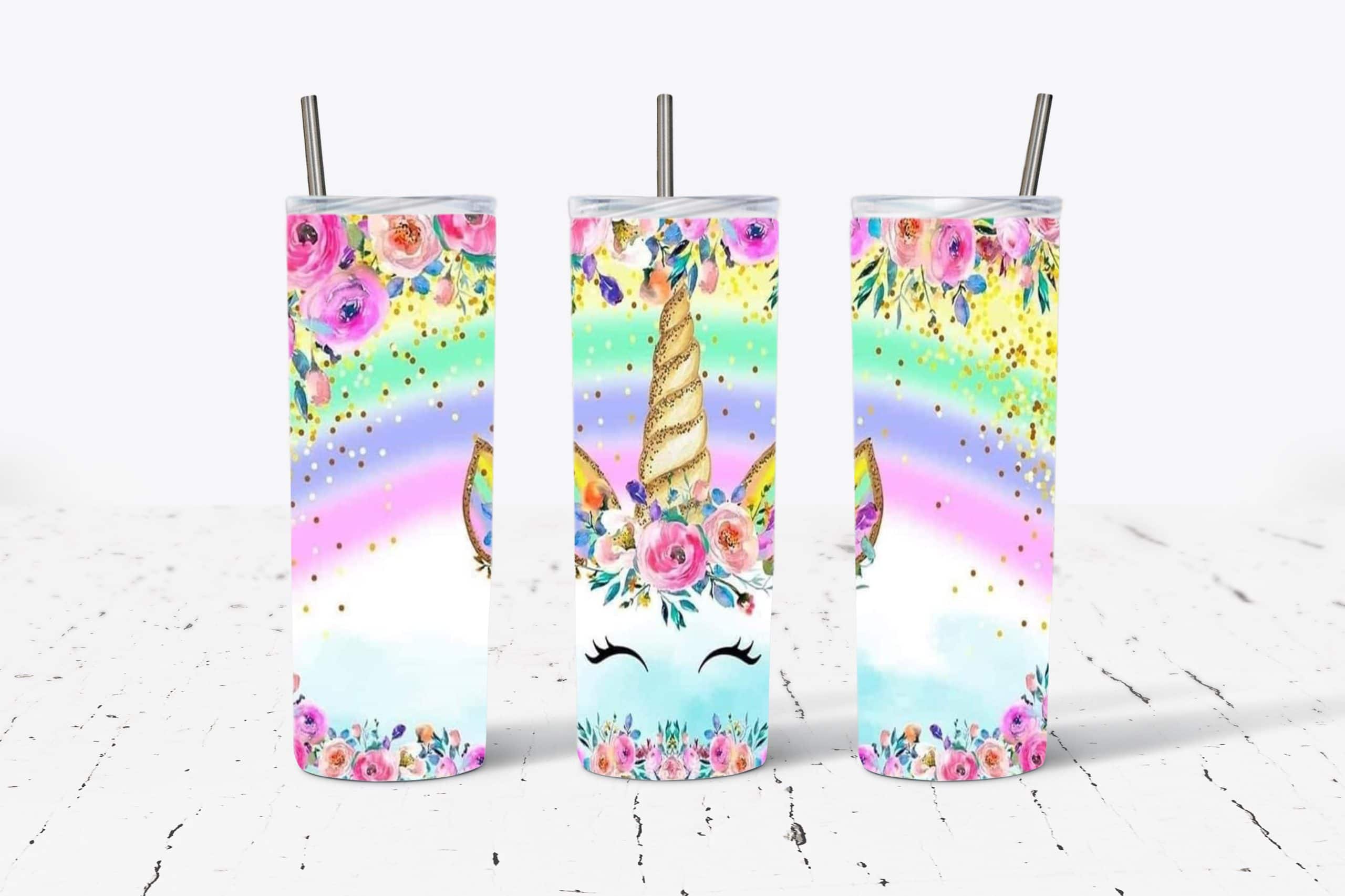 Unicorn Face with Rainbow Glitter and Flowers