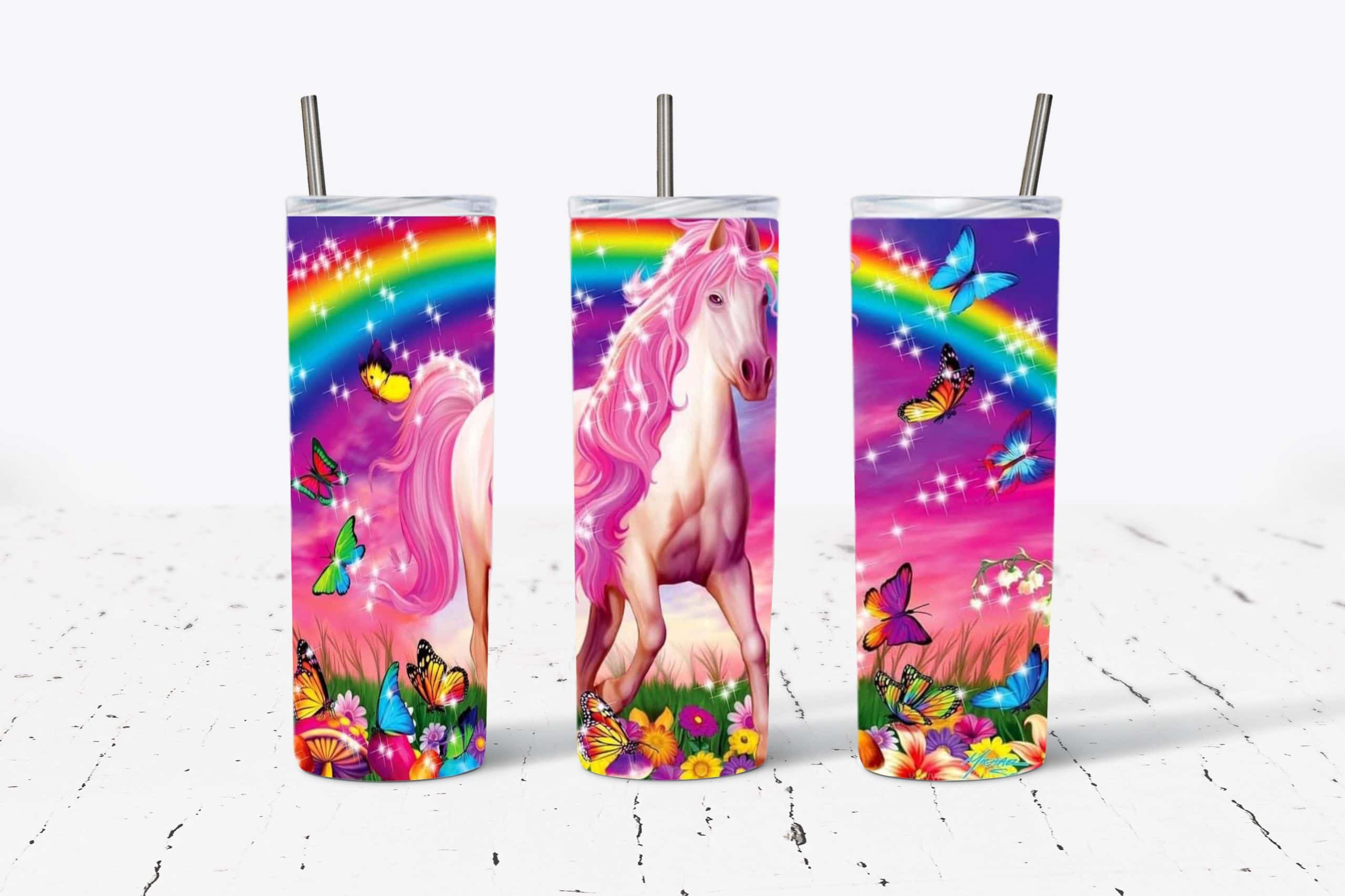 Rainbow and Pink Horse with Butterflies