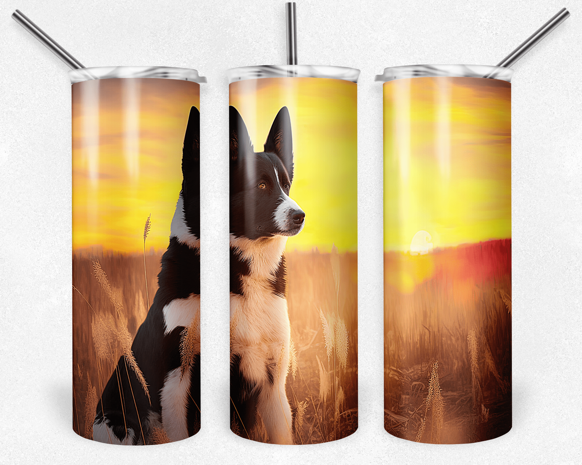 Karelian Bear Dog in Field with Sunrise