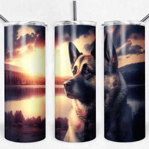 Norwegian Elkhound Dog Near Lake with Sunrise