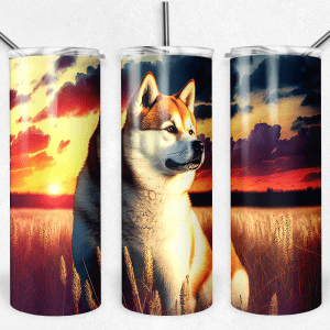 Akita in Field with Sunrise