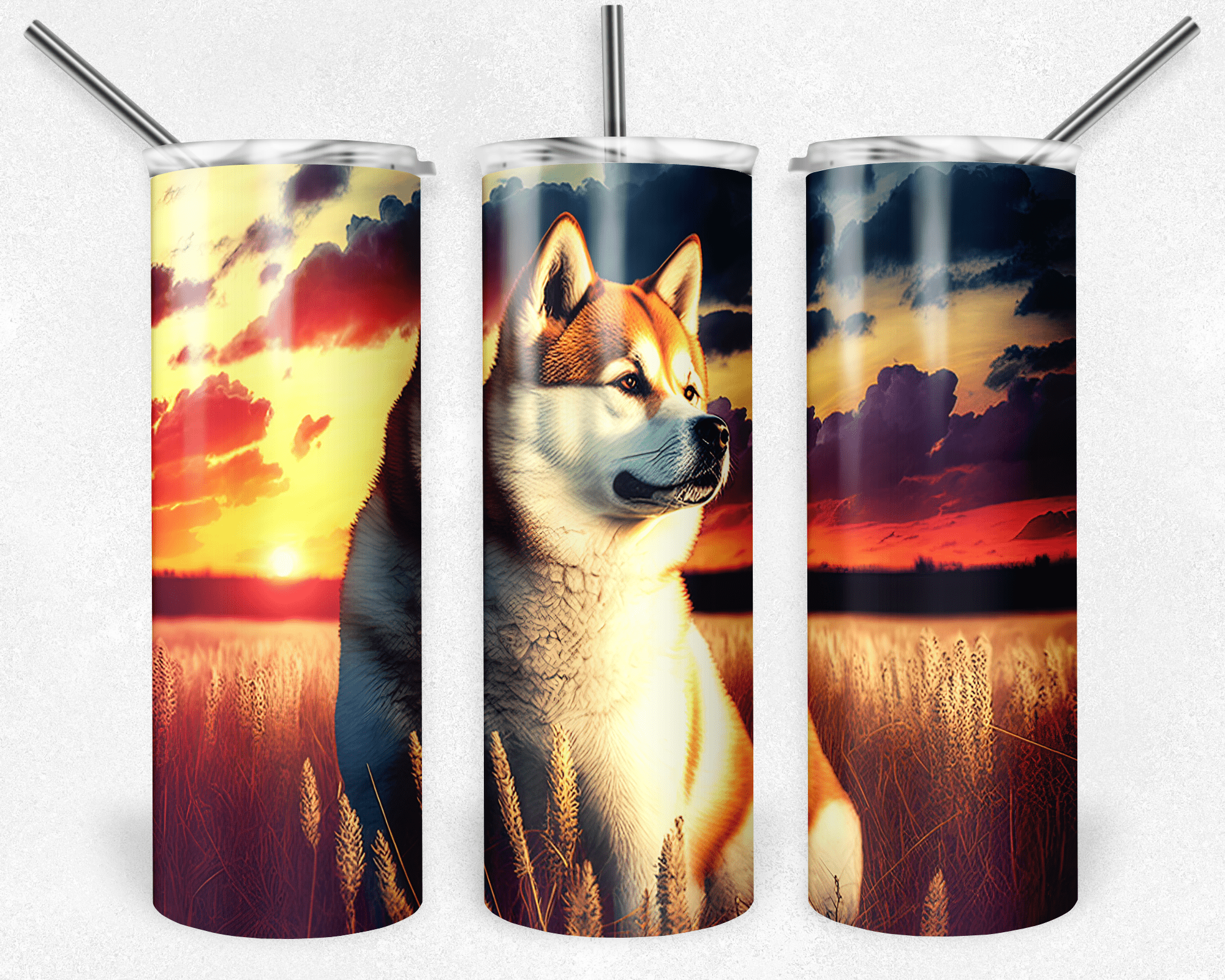 Akita in Field with Sunrise