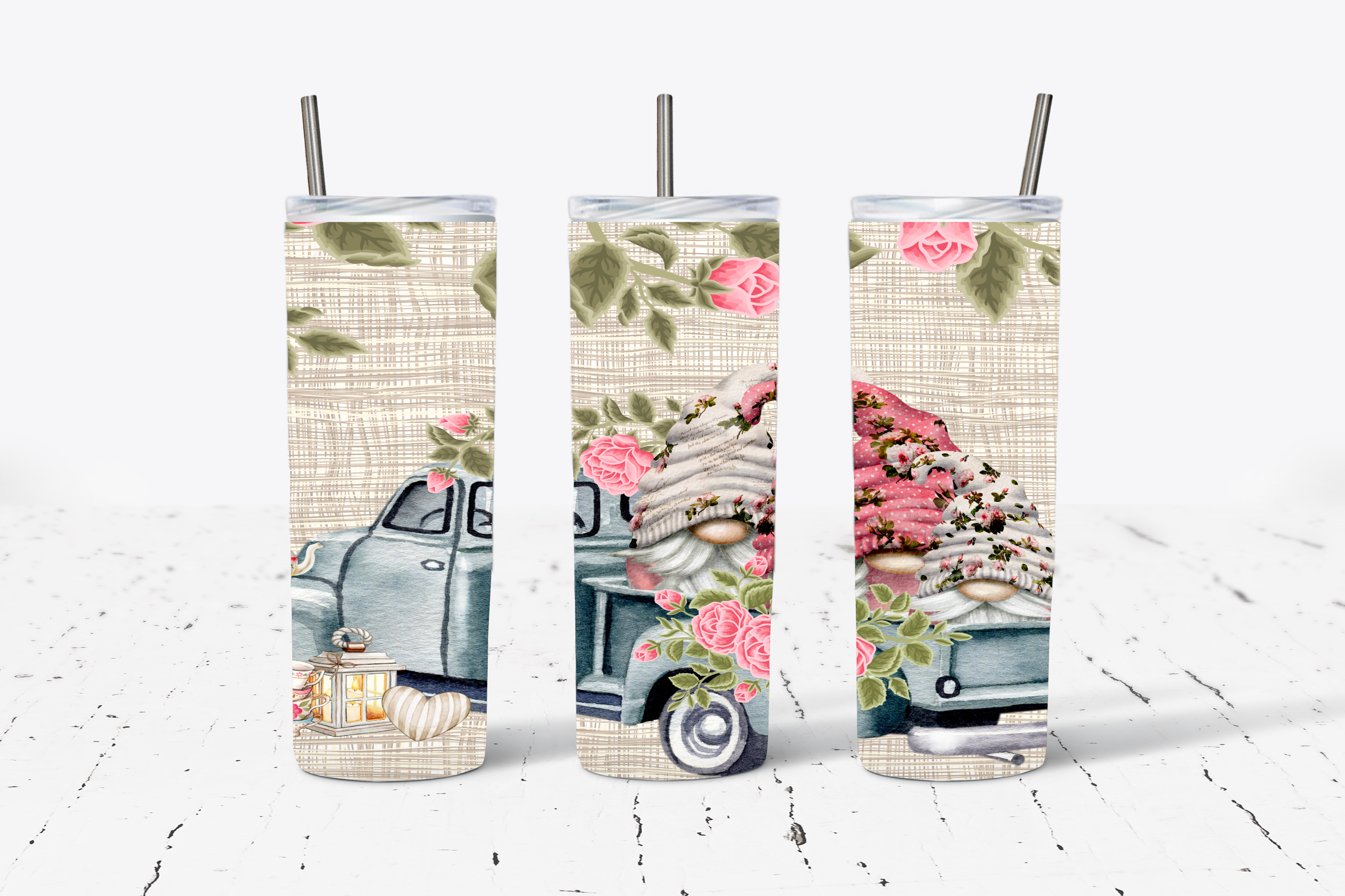 Gnomes and Grey Truck with Burlap